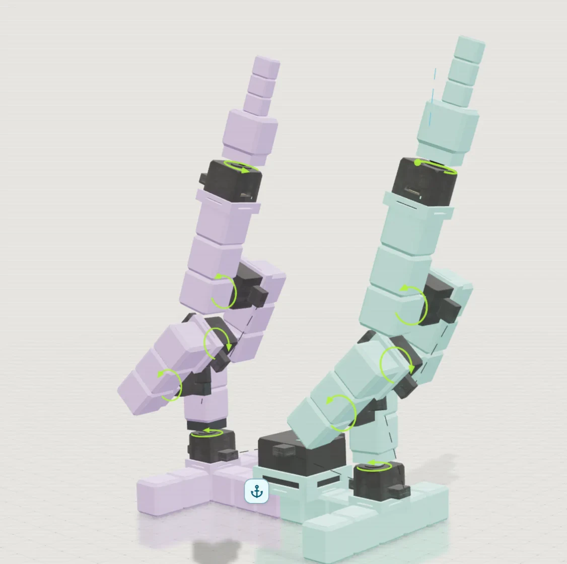 A dual-arm motion study assembled from modular joints in OysCat Workspace