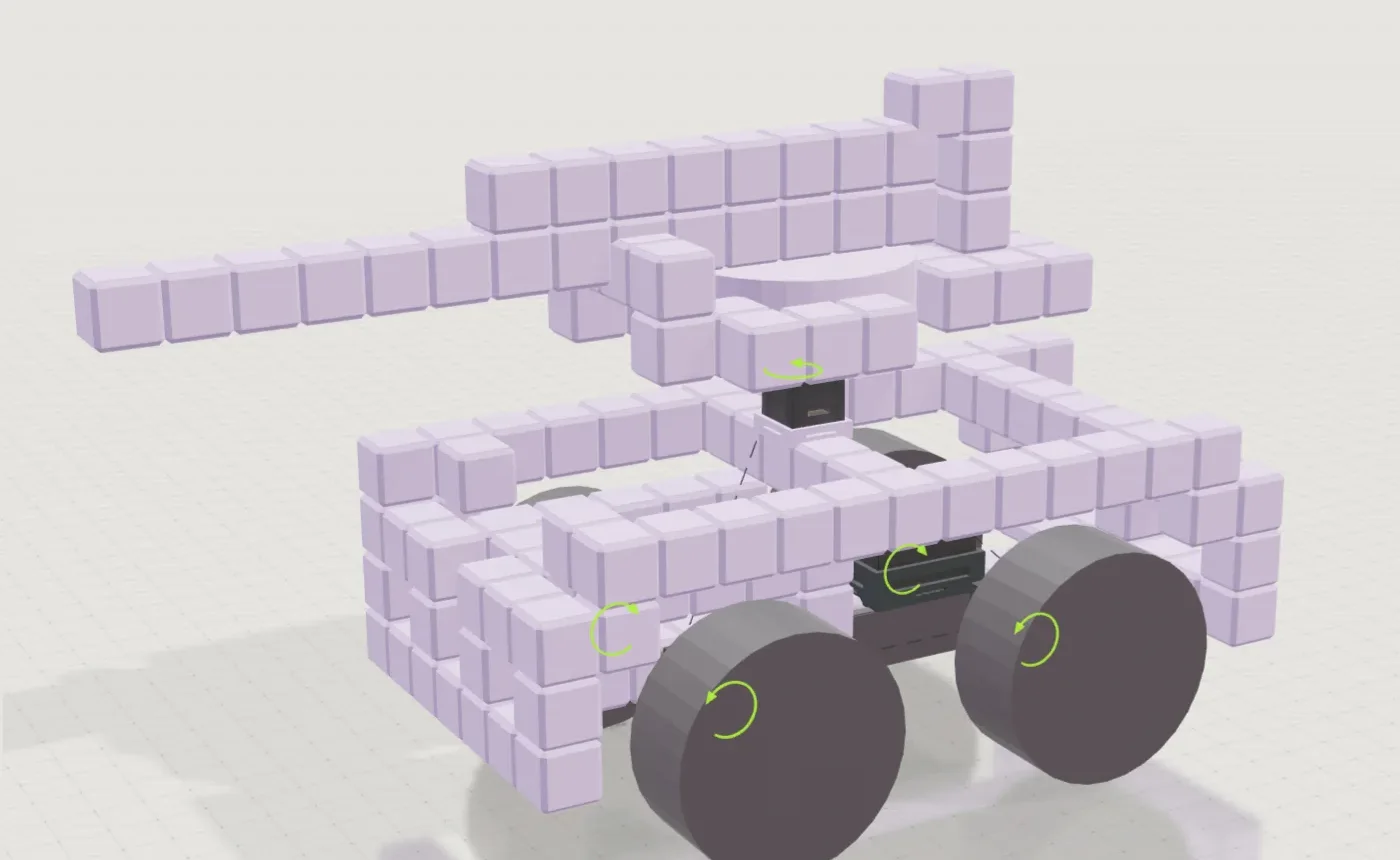 A modular vehicle assembled from voxel blocks in OysCat Workspace
